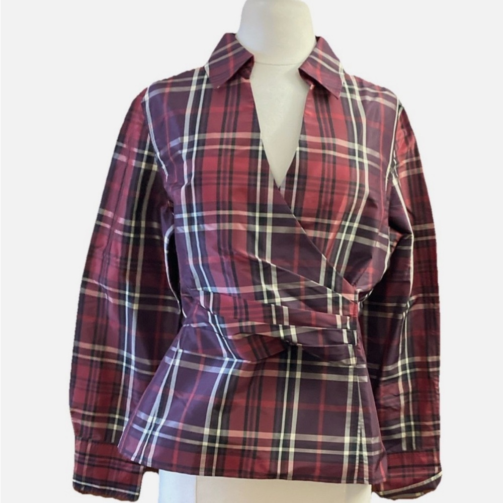 Talbots Silk Burgundy Plaid faux Wrap Tartan Blouse 10 Taffeta